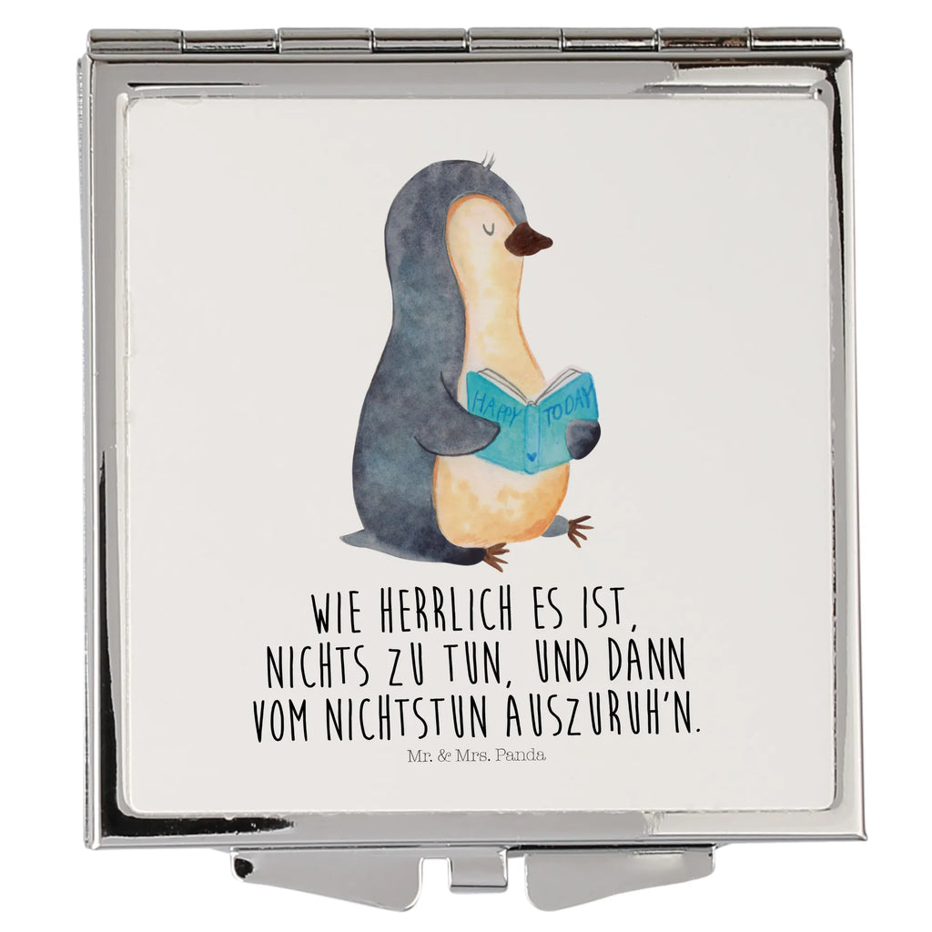 Handtaschenspiegel quadratisch Pinguin Buch Spiegel, Handtasche, Quadrat, silber, schminken, Schminkspiegel, Pinguin, Pinguine, Buch, Lesen, Bücherwurm, Nichtstun, Faulenzen, Ferien, Urlaub, Freizeit