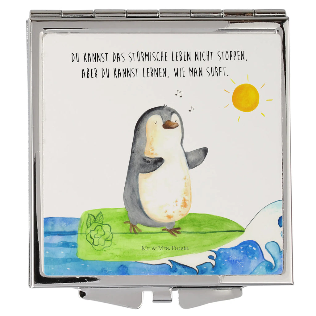 Handtaschenspiegel quadratisch Pinguin Surfer Spiegel, Handtasche, Quadrat, silber, schminken, Schminkspiegel, Pinguin, Pinguine, surfen, Surfer, Hawaii, Urlaub, Wellen, Wellen reiten, Portugal