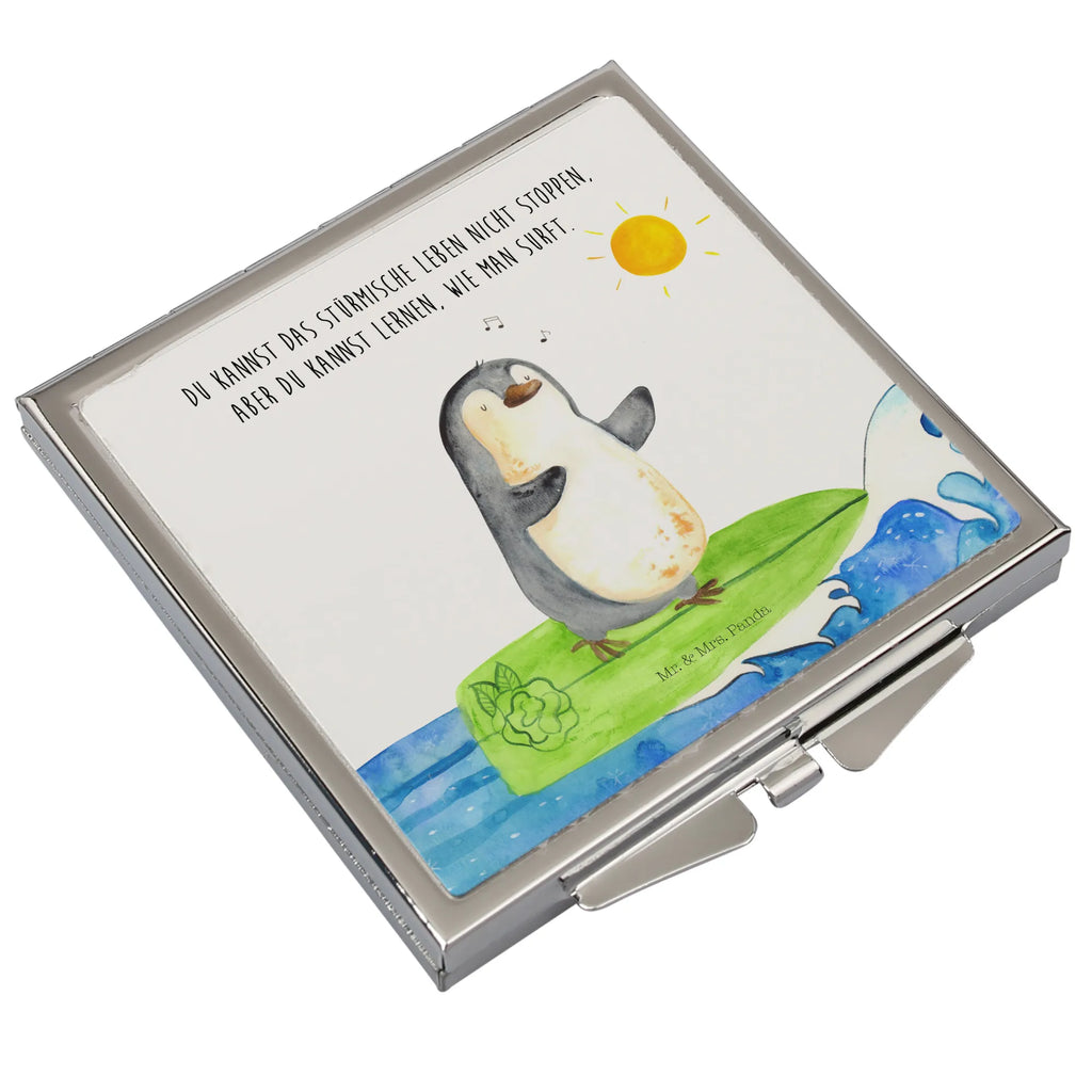 Handtaschenspiegel quadratisch Pinguin Surfer Spiegel, Handtasche, Quadrat, silber, schminken, Schminkspiegel, Pinguin, Pinguine, surfen, Surfer, Hawaii, Urlaub, Wellen, Wellen reiten, Portugal