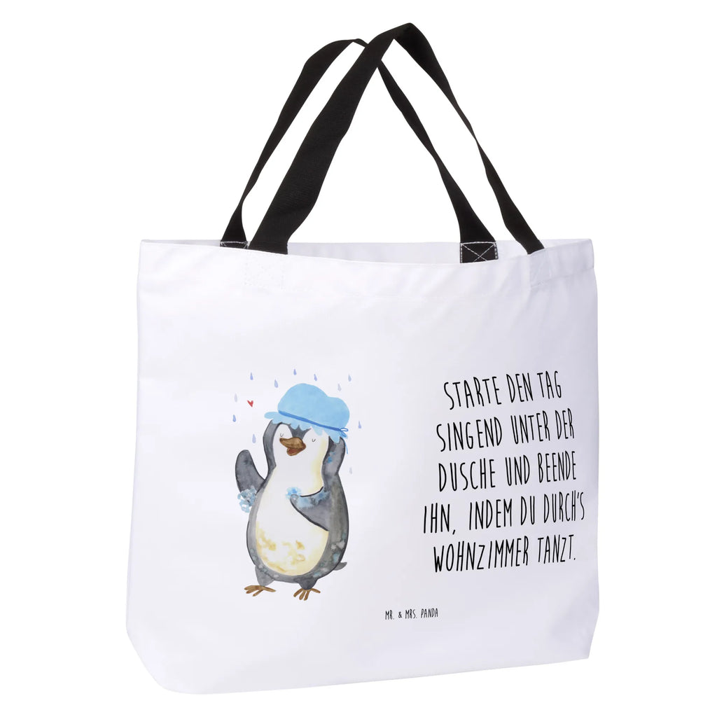 Shopper Pinguin duscht Beutel, Einkaufstasche, Tasche, Strandtasche, Einkaufsbeutel, Shopper, Schultasche, Freizeittasche, Tragebeutel, Schulbeutel, Alltagstasche, Pinguin, Pinguine, Dusche, duschen, Lebensmotto, Motivation, Neustart, Neuanfang, glücklich sein