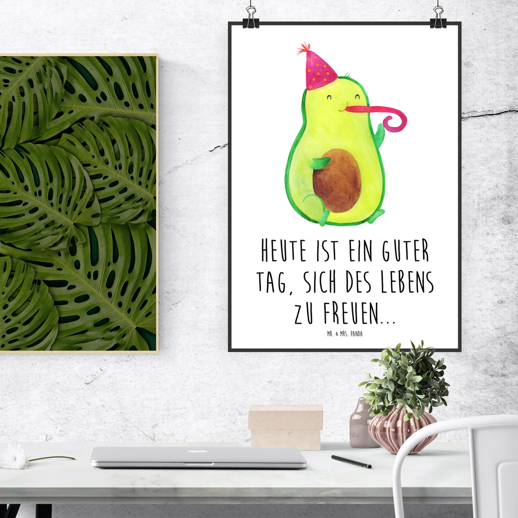 Poster Avocado Partyhupe Poster, Wandposter, Bild, Wanddeko, Küchenposter, Kinderposter, Wanddeko Bild, Raumdekoration, Wanddekoration, Handgemaltes Poster, Mr. & Mrs. Panda Poster, Designposter, Kunstdruck, Posterdruck, Avocado, Veggie, Vegan, Gesund, Party, Feierlichkeit, Feier, Fete, Geburtstag, Gute Laune, Tröte