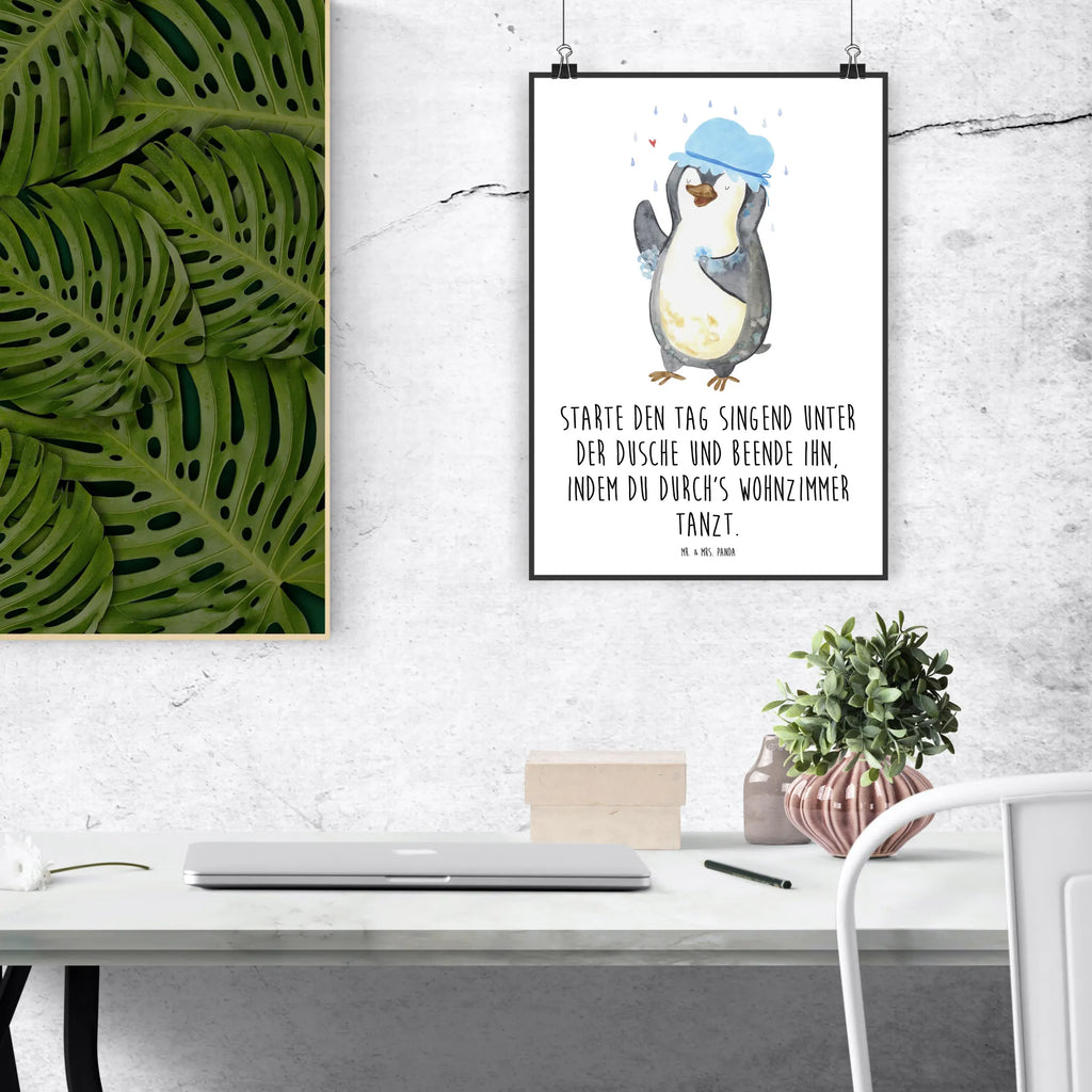 Poster Pinguin Duschen Poster, Wandposter, Bild, Wanddeko, Küchenposter, Kinderposter, Wanddeko Bild, Raumdekoration, Wanddekoration, Handgemaltes Poster, Mr. & Mrs. Panda Poster, Designposter, Kunstdruck, Posterdruck, Pinguin, Pinguine, Dusche, duschen, Lebensmotto, Motivation, Neustart, Neuanfang, glücklich sein