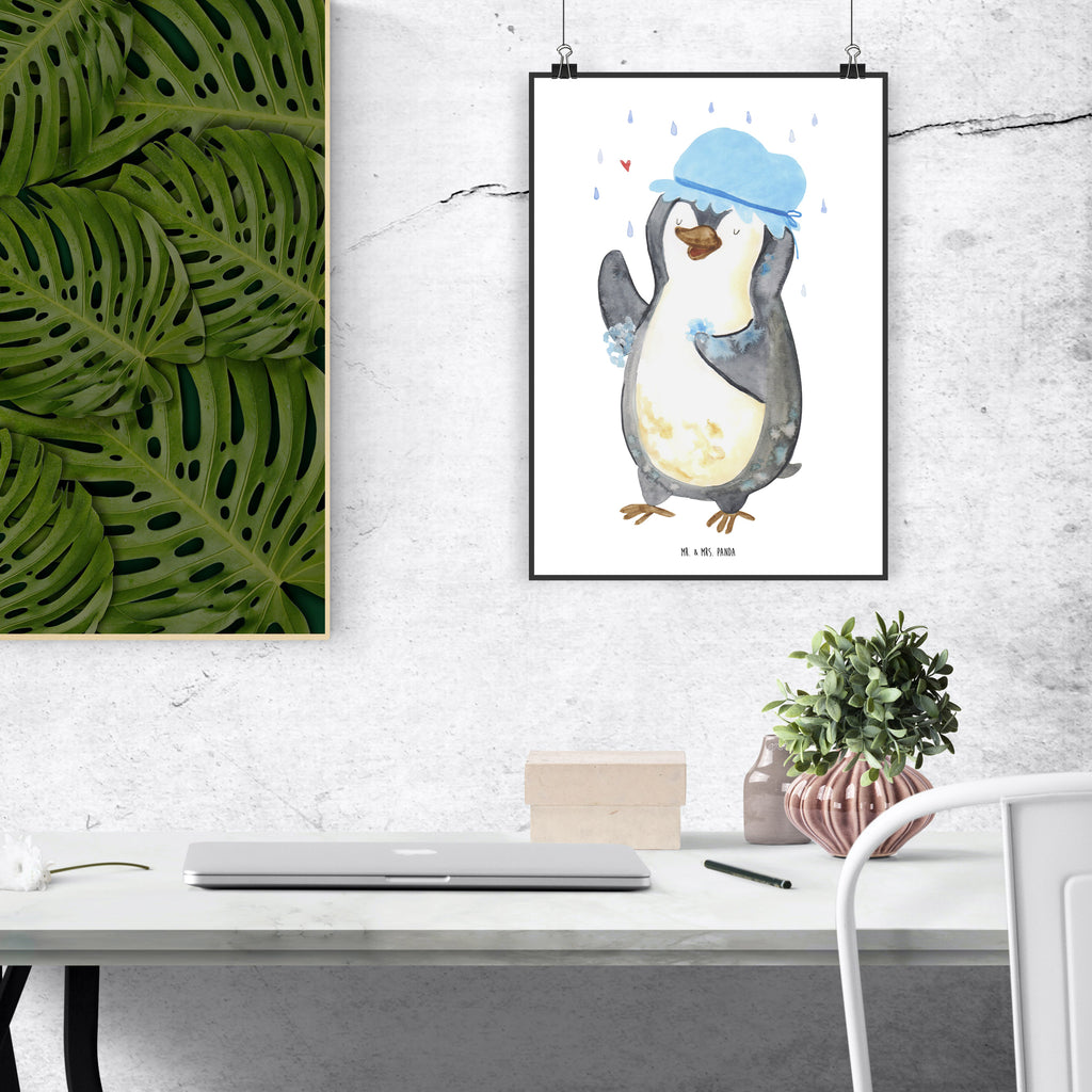 Poster Pinguin Duschen Poster, Wandposter, Bild, Wanddeko, Küchenposter, Kinderposter, Wanddeko Bild, Raumdekoration, Wanddekoration, Handgemaltes Poster, Mr. & Mrs. Panda Poster, Designposter, Kunstdruck, Posterdruck, Pinguin, Pinguine, Dusche, duschen, Lebensmotto, Motivation, Neustart, Neuanfang, glücklich sein