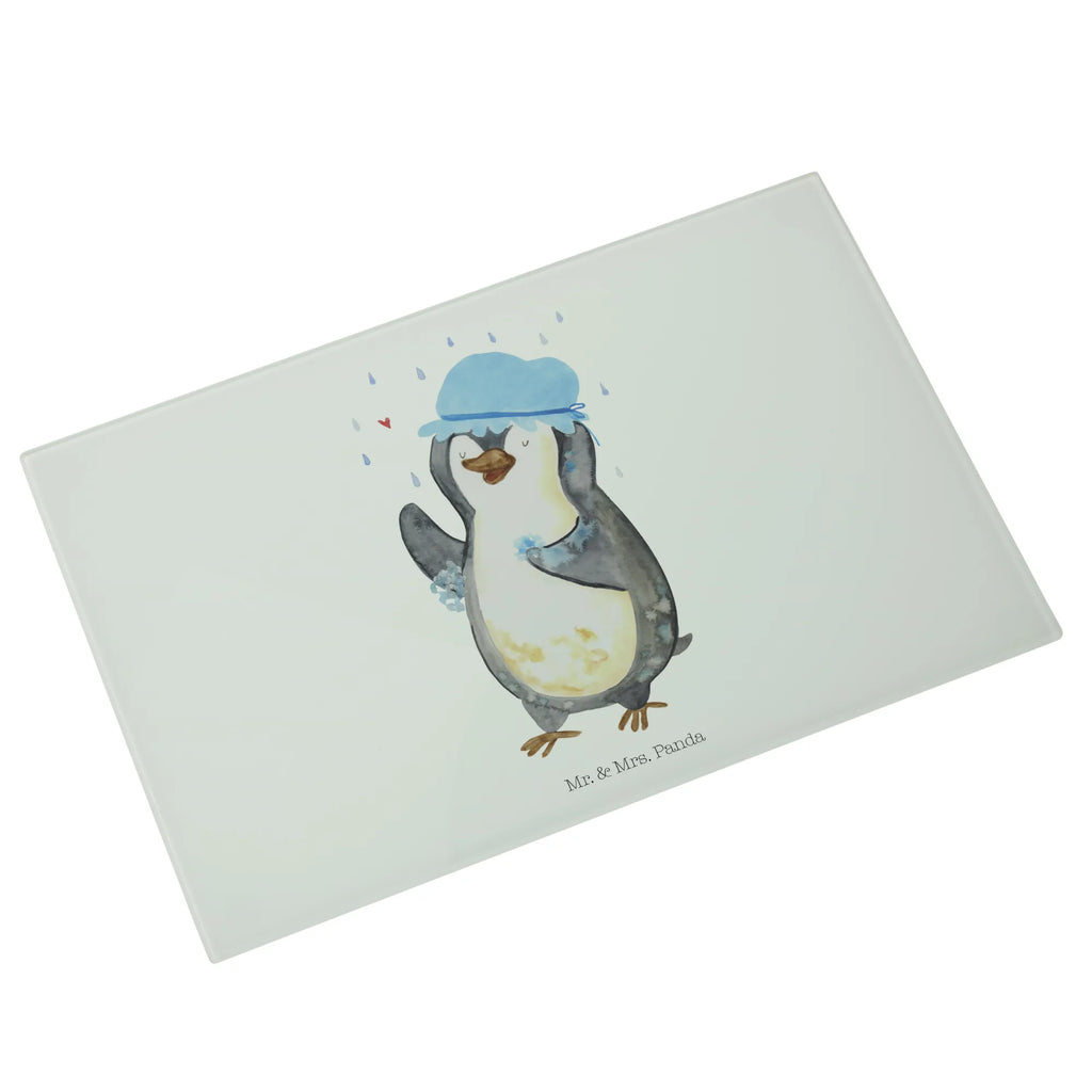 Glasschneidebrett Pinguin Duschen Glasschneidebrett, Schneidebrett, Pinguin, Pinguine, Dusche, duschen, Lebensmotto, Motivation, Neustart, Neuanfang, glücklich sein