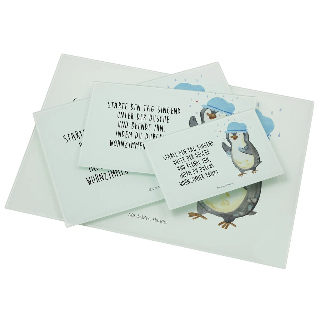 Glasschneidebrett Pinguin Duschen Glasschneidebrett, Schneidebrett, Pinguin, Pinguine, Dusche, duschen, Lebensmotto, Motivation, Neustart, Neuanfang, glücklich sein