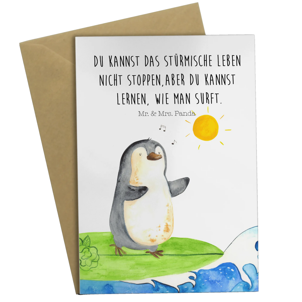 Grußkarte Pinguin Surfer Grußkarte, Klappkarte, Einladungskarte, Glückwunschkarte, Hochzeitskarte, Geburtstagskarte, Karte, Ansichtskarten, Pinguin, Pinguine, surfen, Surfer, Hawaii, Urlaub, Wellen, Wellen reiten, Portugal