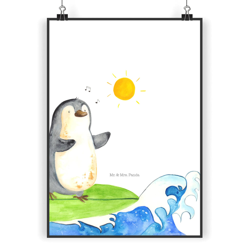 Poster Pinguin Surfer Poster, Wandposter, Bild, Wanddeko, Küchenposter, Kinderposter, Wanddeko Bild, Raumdekoration, Wanddekoration, Handgemaltes Poster, Mr. & Mrs. Panda Poster, Designposter, Kunstdruck, Posterdruck, Pinguin, Pinguine, surfen, Surfer, Hawaii, Urlaub, Wellen, Wellen reiten, Portugal