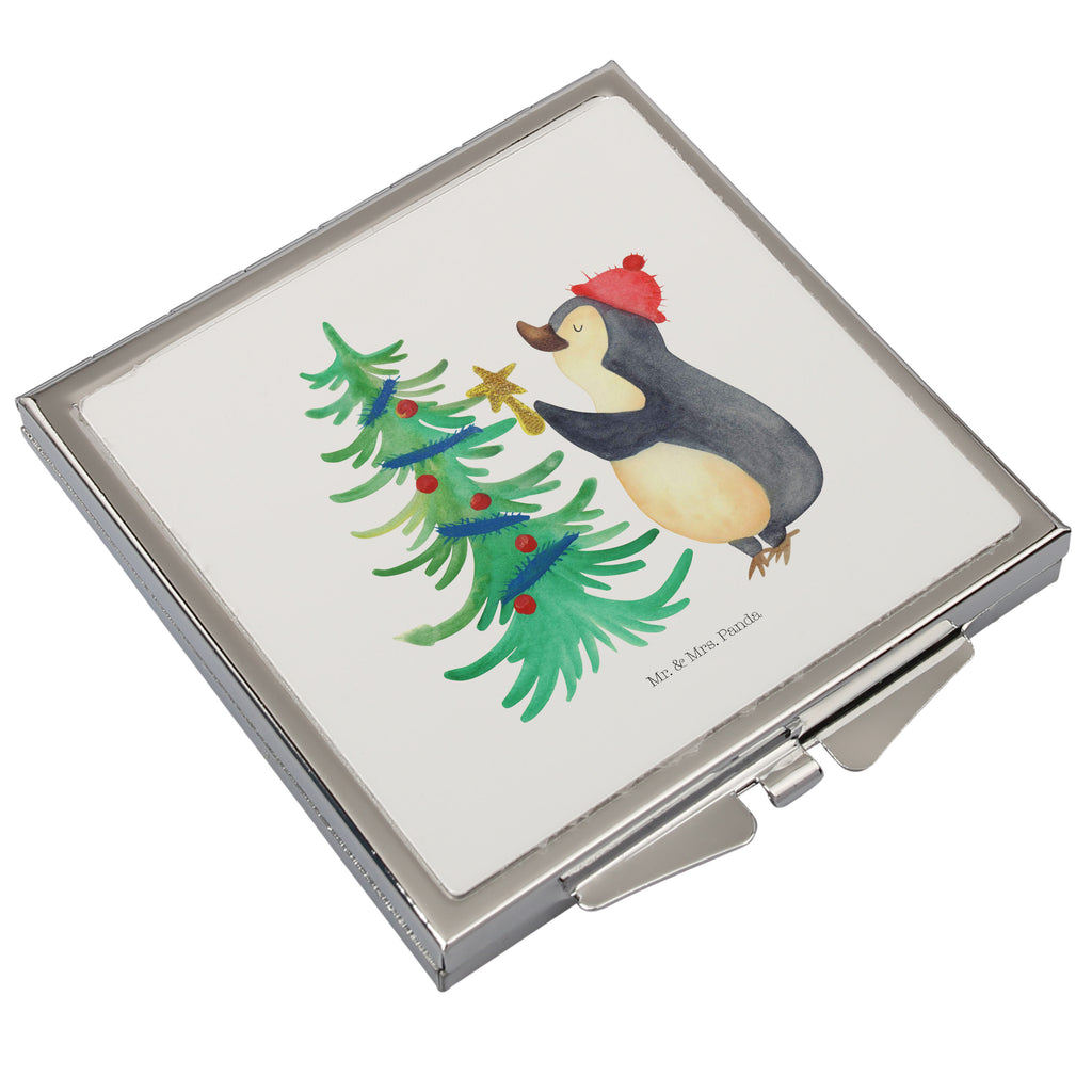 Handtaschenspiegel quadratisch Pinguin Weihnachtsbaum Spiegel, Handtasche, Quadrat, silber, schminken, Schminkspiegel, Winter, Weihnachten, Weihnachtsdeko, Nikolaus, Advent, Heiligabend, Wintermotiv, Pinguin