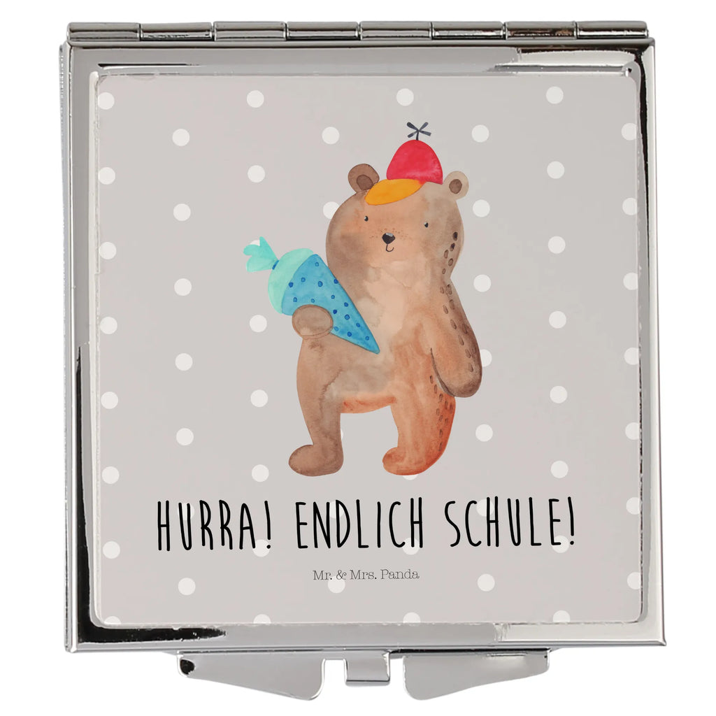 Handtaschenspiegel quadratisch Bär mit Schultüte Spiegel, Handtasche, Quadrat, silber, schminken, Schminkspiegel, Bär, Teddy, Teddybär, Bär Motiv, Schultüte, Erster Schultag Geschenk, Einschulung Geschenk, Schule Geschenk, Grundschule, Schulanfang, Schulbeginn