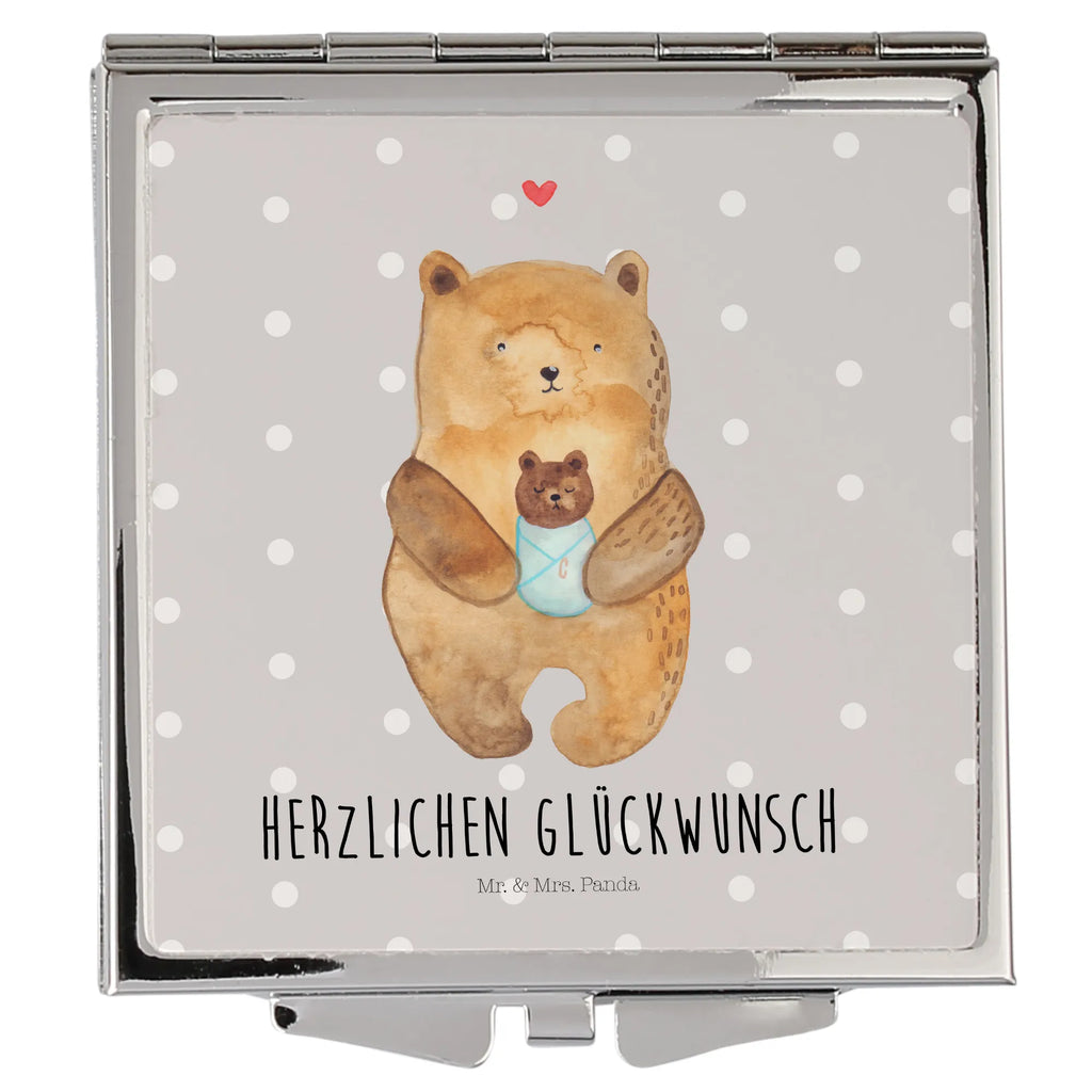 Handtaschenspiegel quadratisch Bär mit Baby Spiegel, Handtasche, Quadrat, silber, schminken, Schminkspiegel, Bär, Teddy, Teddybär, Eltern, Mutter, Baby, Taufe, Geburt, Nichte, Neffe, Enkel, Enkelin, Täufling, Geburtstag, Glückwunsch