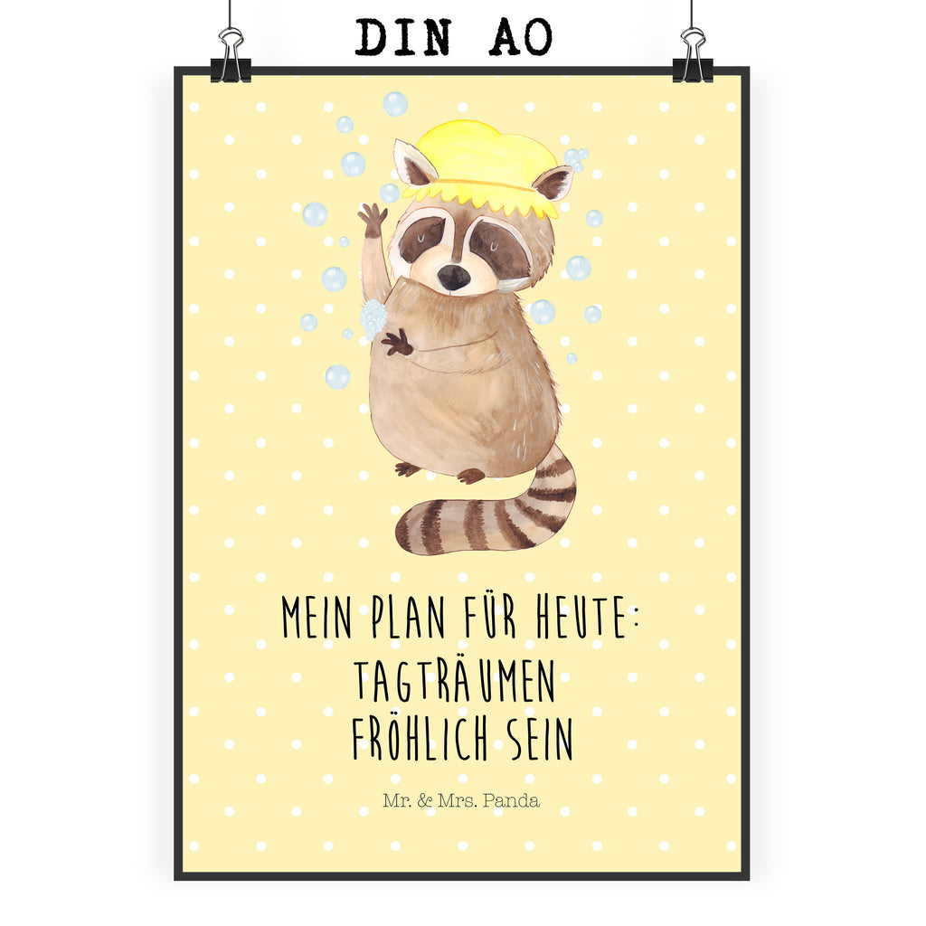 Poster Waschbär Poster, Wandposter, Bild, Wanddeko, Küchenposter, Kinderposter, Wanddeko Bild, Raumdekoration, Wanddekoration, Handgemaltes Poster, Mr. & Mrs. Panda Poster, Designposter, Kunstdruck, Posterdruck, Tiermotive, Gute Laune, lustige Sprüche, Tiere, Waschbär, Tagträumen, Plan, Fröhlich, waschen, Seifenblasen