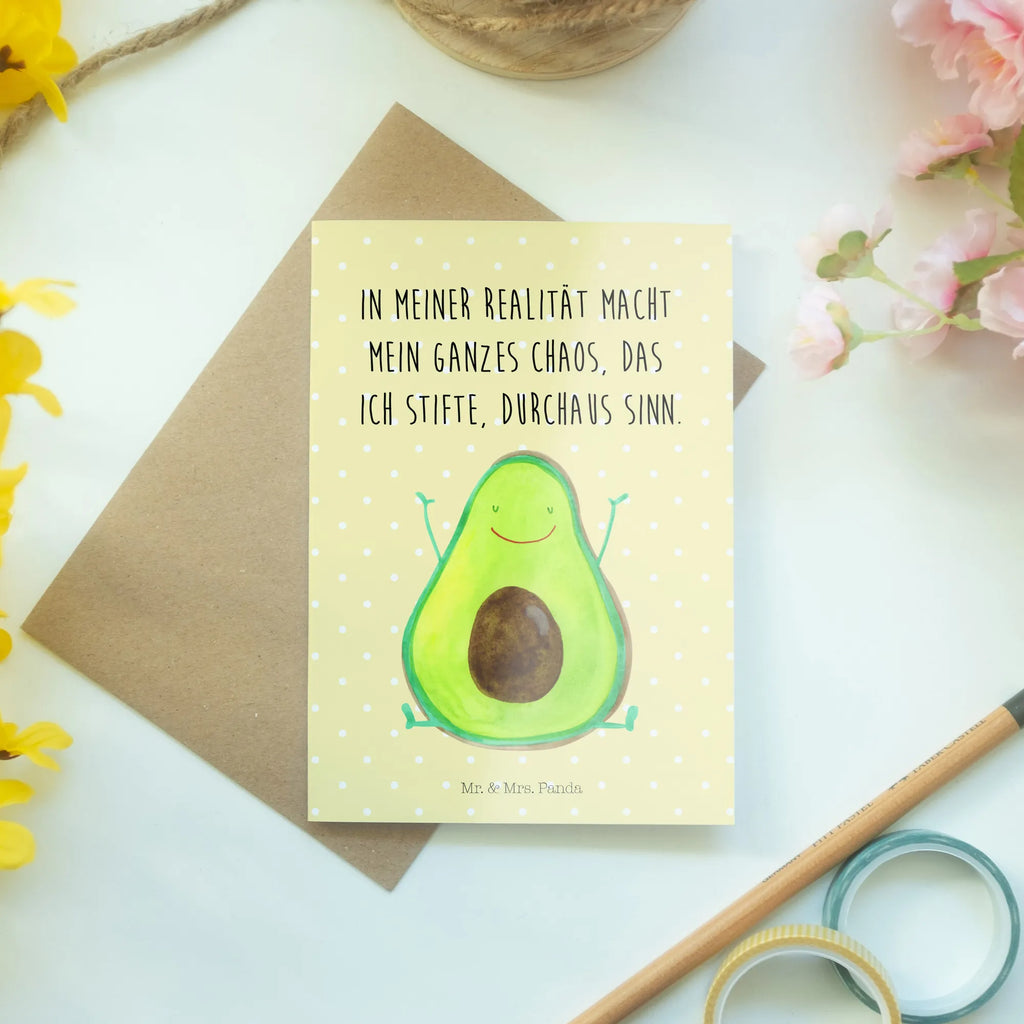 Grußkarte Avocado Glücklich Grußkarte, Klappkarte, Einladungskarte, Glückwunschkarte, Hochzeitskarte, Geburtstagskarte, Karte, Ansichtskarten, Avocado, Veggie, Vegan, Gesund, Chaos