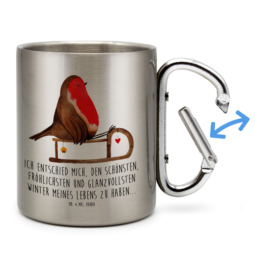 Edelstahlbecher Rotkehlchen Schlitten Edelstahltasse, Karabiner, Edelstahlbecher, Outdoor, Camping, Tasse, Becher, Winter, Weihnachten, Weihnachtsdeko, Nikolaus, Advent, Heiligabend, Wintermotiv, Schlitten, Vogel