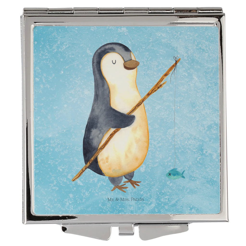 Handtaschenspiegel quadratisch Pinguin Angler Spiegel, Handtasche, Quadrat, silber, schminken, Schminkspiegel, Pinguin, Pinguine, Angeln, Angler, Tagträume, Hobby, Plan, Planer, Tagesplan, Neustart, Motivation, Geschenk, Freundinnen, Geschenkidee, Urlaub, Wochenende