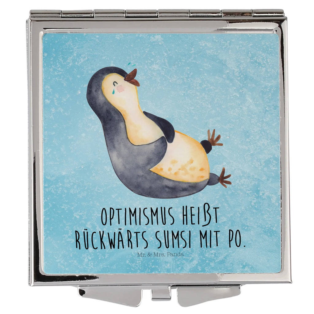 Handtaschenspiegel quadratisch Pinguin Lachen Spiegel, Handtasche, Quadrat, silber, schminken, Schminkspiegel, Pinguin, Pinguine, lustiger Spruch, Optimismus, Fröhlich, Lachen, Humor, Fröhlichkeit