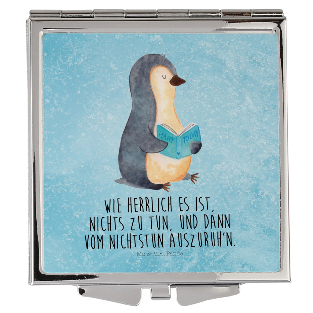 Handtaschenspiegel quadratisch Pinguin Buch Spiegel, Handtasche, Quadrat, silber, schminken, Schminkspiegel, Pinguin, Pinguine, Buch, Lesen, Bücherwurm, Nichtstun, Faulenzen, Ferien, Urlaub, Freizeit