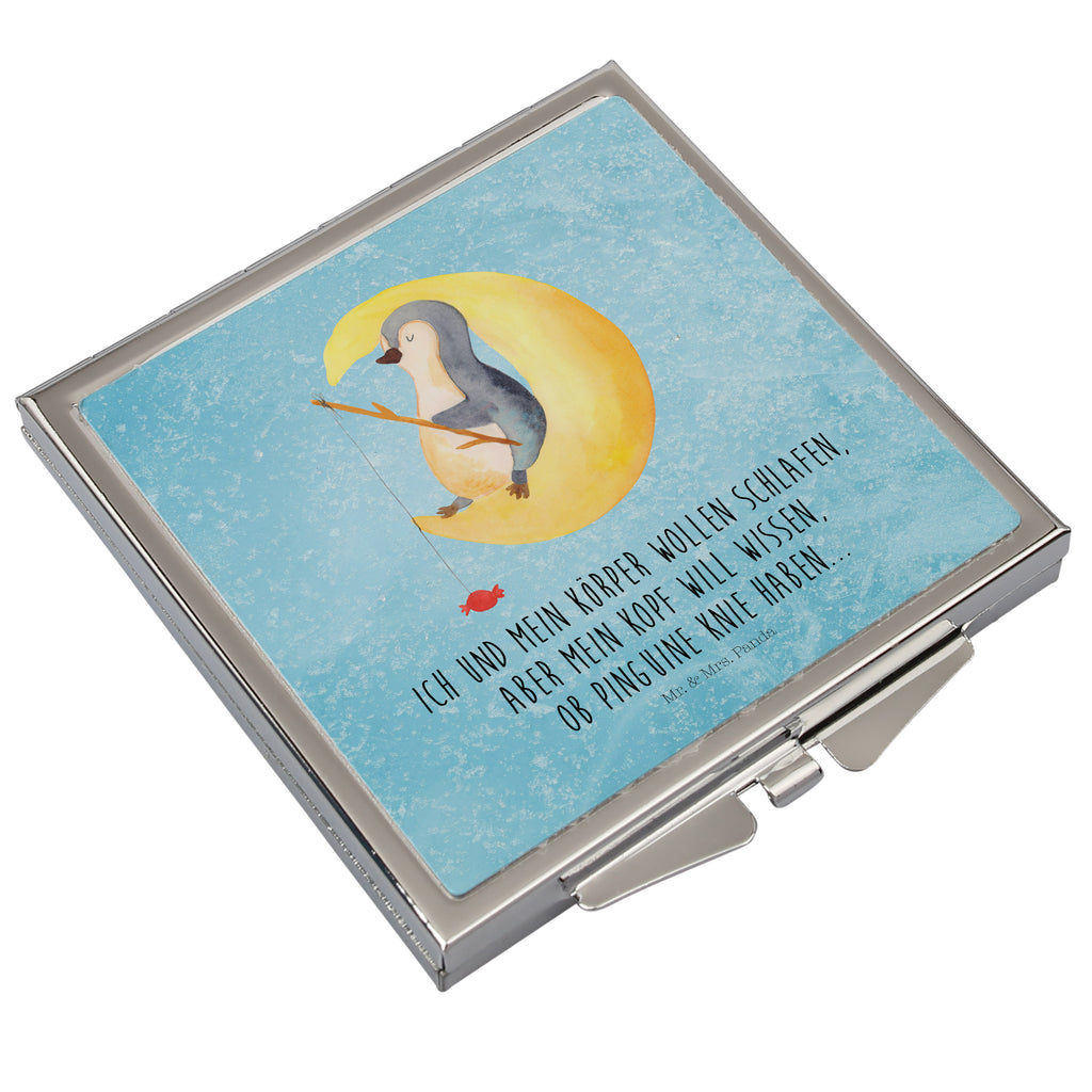 Handtaschenspiegel quadratisch Pinguin Mond Spiegel, Handtasche, Quadrat, silber, schminken, Schminkspiegel, Pinguin, Pinguine, Spruch, schlafen, Nachtruhe, Einschlafen, Schlafzimmer, Schlafstörungen, Gästezimmer