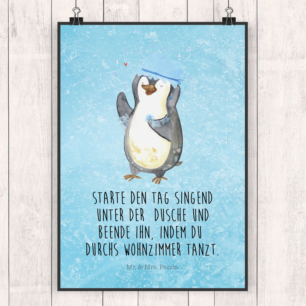 Poster Pinguin Duschen Poster, Wandposter, Bild, Wanddeko, Küchenposter, Kinderposter, Wanddeko Bild, Raumdekoration, Wanddekoration, Handgemaltes Poster, Mr. & Mrs. Panda Poster, Designposter, Kunstdruck, Posterdruck, Pinguin, Pinguine, Dusche, duschen, Lebensmotto, Motivation, Neustart, Neuanfang, glücklich sein