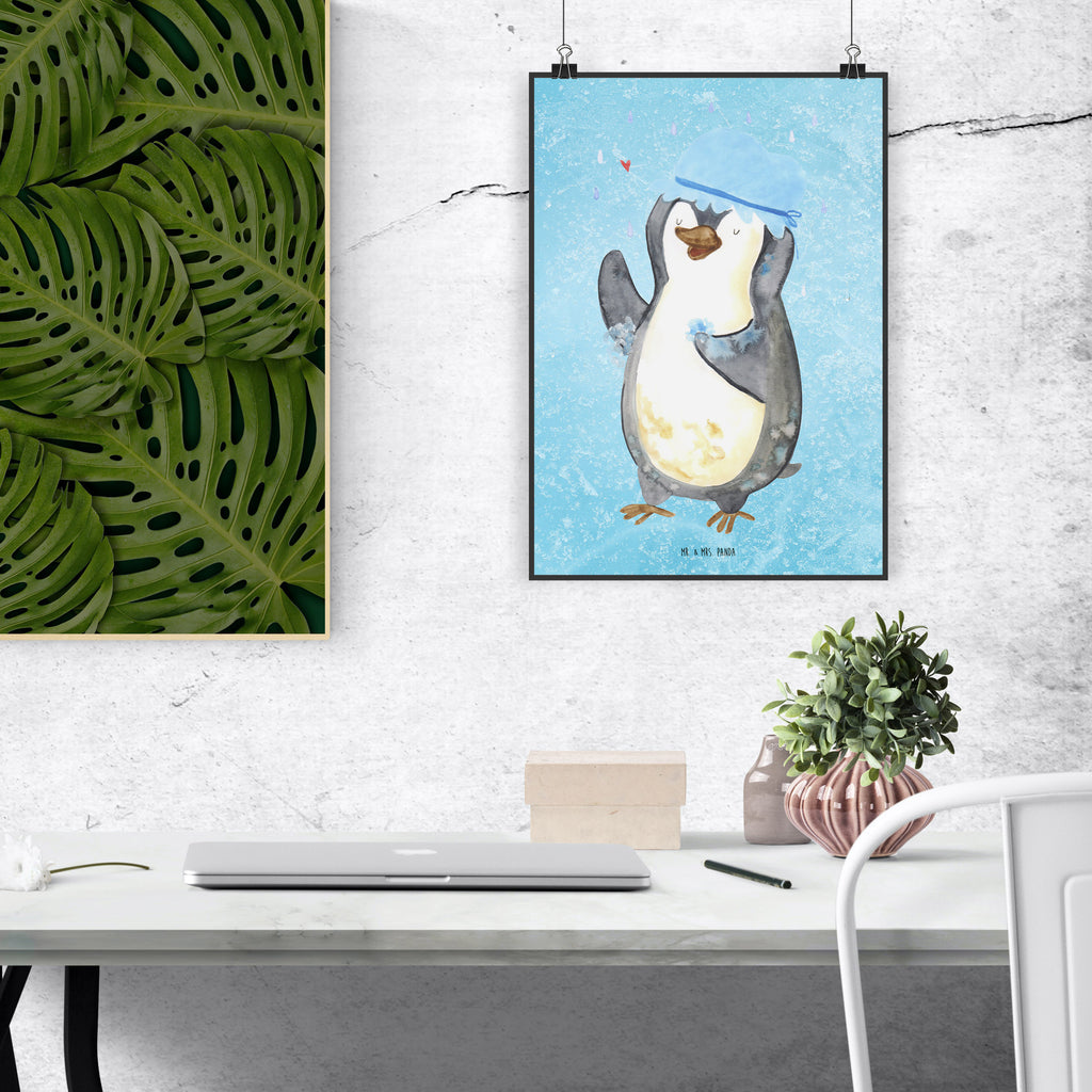 Poster Pinguin Duschen Poster, Wandposter, Bild, Wanddeko, Küchenposter, Kinderposter, Wanddeko Bild, Raumdekoration, Wanddekoration, Handgemaltes Poster, Mr. & Mrs. Panda Poster, Designposter, Kunstdruck, Posterdruck, Pinguin, Pinguine, Dusche, duschen, Lebensmotto, Motivation, Neustart, Neuanfang, glücklich sein