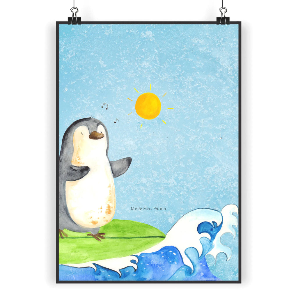 Poster Pinguin Surfer Poster, Wandposter, Bild, Wanddeko, Küchenposter, Kinderposter, Wanddeko Bild, Raumdekoration, Wanddekoration, Handgemaltes Poster, Mr. & Mrs. Panda Poster, Designposter, Kunstdruck, Posterdruck, Pinguin, Pinguine, surfen, Surfer, Hawaii, Urlaub, Wellen, Wellen reiten, Portugal