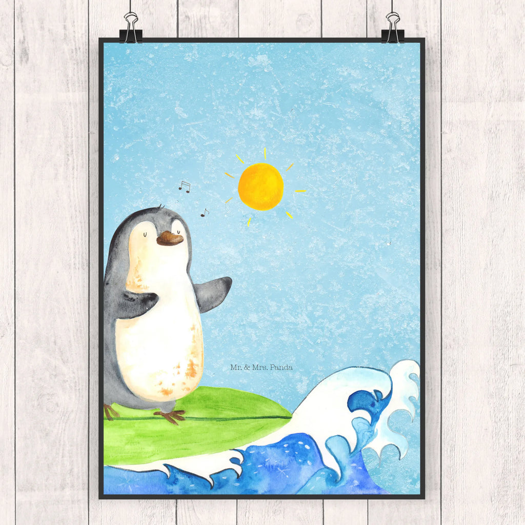 Poster Pinguin Surfer Poster, Wandposter, Bild, Wanddeko, Küchenposter, Kinderposter, Wanddeko Bild, Raumdekoration, Wanddekoration, Handgemaltes Poster, Mr. & Mrs. Panda Poster, Designposter, Kunstdruck, Posterdruck, Pinguin, Pinguine, surfen, Surfer, Hawaii, Urlaub, Wellen, Wellen reiten, Portugal