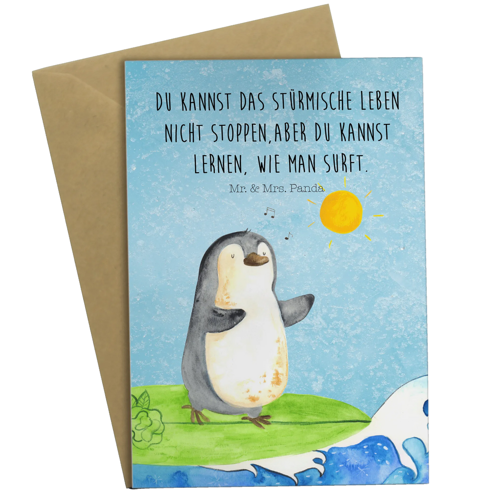 Grußkarte Pinguin Surfer Grußkarte, Klappkarte, Einladungskarte, Glückwunschkarte, Hochzeitskarte, Geburtstagskarte, Karte, Ansichtskarten, Pinguin, Pinguine, surfen, Surfer, Hawaii, Urlaub, Wellen, Wellen reiten, Portugal