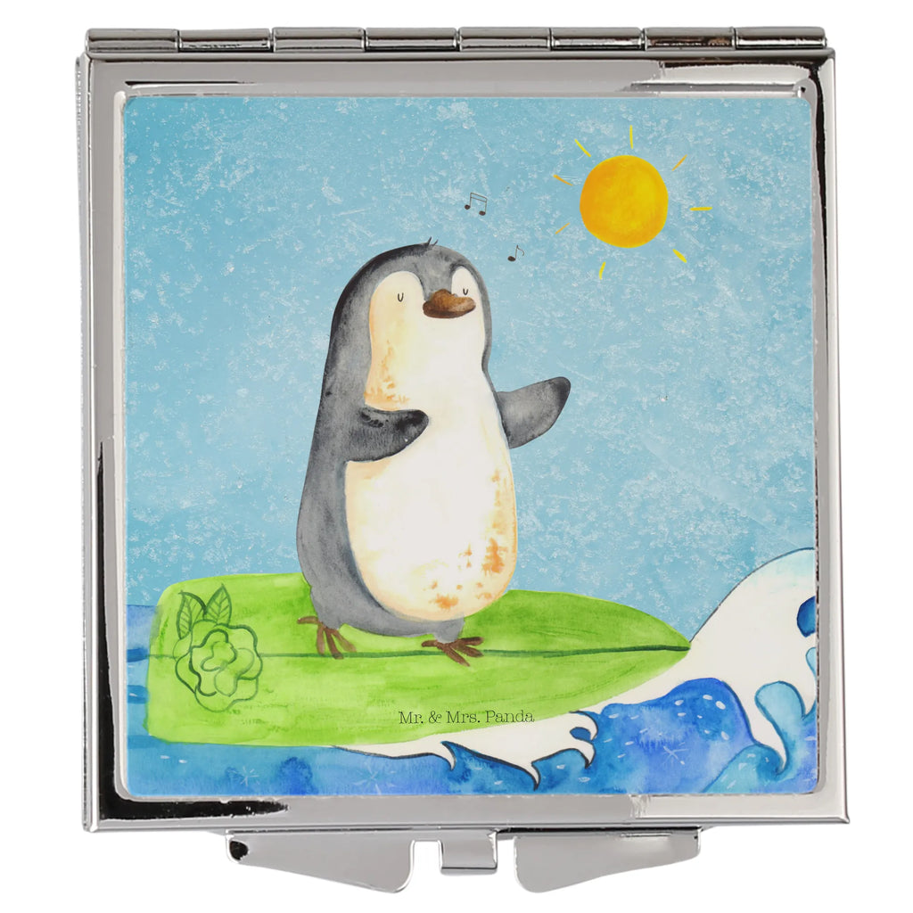 Handtaschenspiegel quadratisch Pinguin Surfer Spiegel, Handtasche, Quadrat, silber, schminken, Schminkspiegel, Pinguin, Pinguine, surfen, Surfer, Hawaii, Urlaub, Wellen, Wellen reiten, Portugal