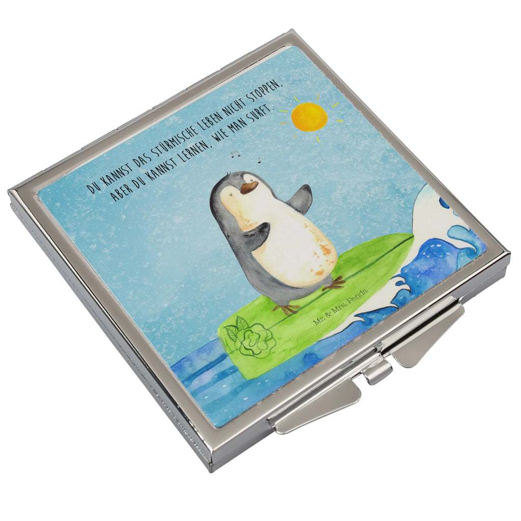 Handtaschenspiegel quadratisch Pinguin Surfer Spiegel, Handtasche, Quadrat, silber, schminken, Schminkspiegel, Pinguin, Pinguine, surfen, Surfer, Hawaii, Urlaub, Wellen, Wellen reiten, Portugal