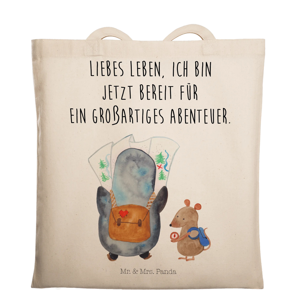 Tragetasche Pinguin & Maus Wanderer Beuteltasche, Beutel, Einkaufstasche, Jutebeutel, Stoffbeutel, Tasche, Shopper, Umhängetasche, Strandtasche, Schultertasche, Stofftasche, Tragetasche, Badetasche, Jutetasche, Einkaufstüte, Laptoptasche, Pinguin, Pinguine, Abenteurer, Abenteuer, Roadtrip, Ausflug, Wanderlust, wandern