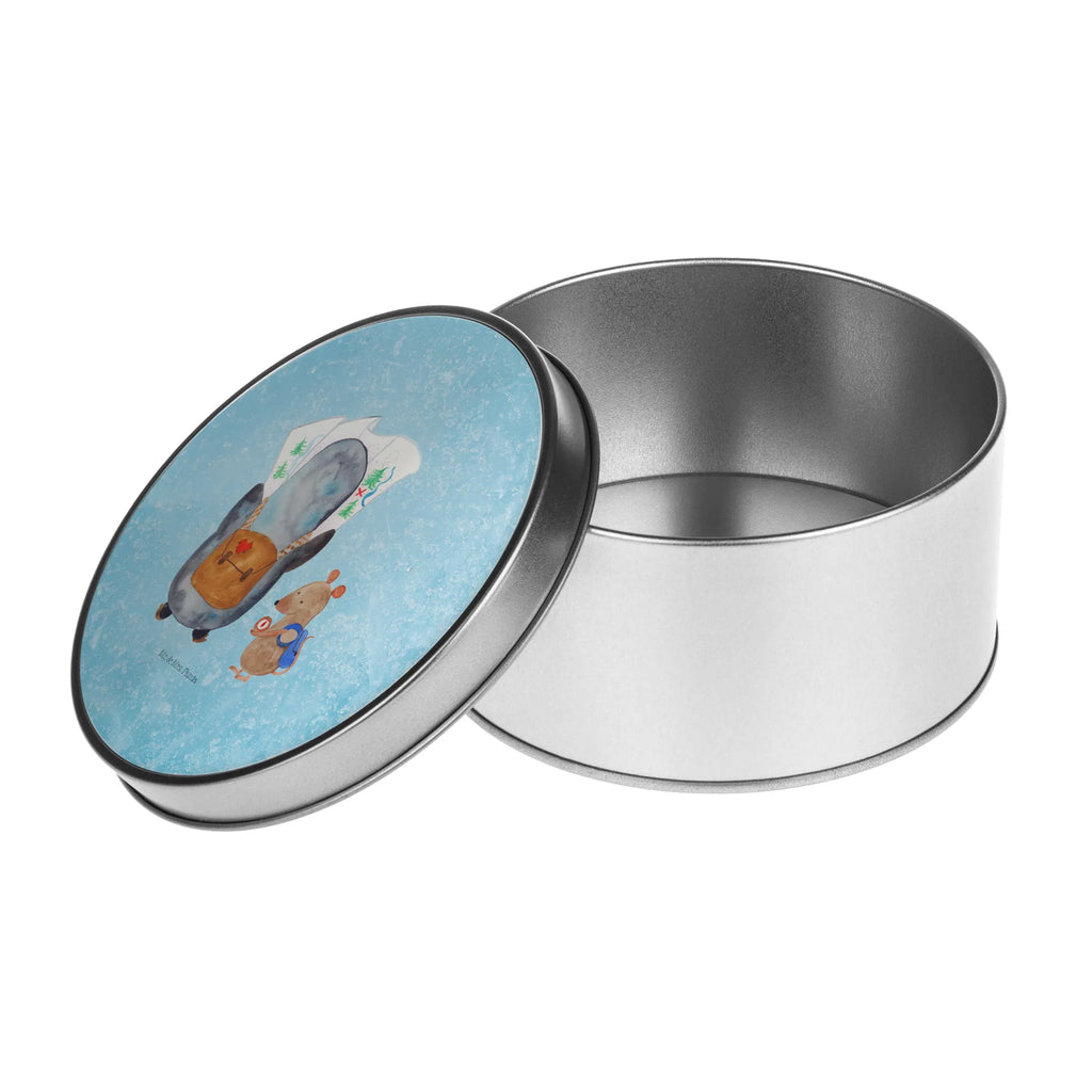 Blechdose rund Pinguin & Maus Wanderer Metalldose, Keksdose, Dose, Vorratsdose, Geschenkbox, Lunchbox, Aufbewahrungsbox, Vorratsdosen, Metallkiste, Metallbox, Metallboxen, Aufbewahrungskiste, Geschenkkiste, Blechdosen mit Deckel, Metallkiste mit Deckel, Vorratsdosen mit Deckel, Metall Dose, Pinguin, Pinguine, Abenteurer, Abenteuer, Roadtrip, Ausflug, Wanderlust, wandern