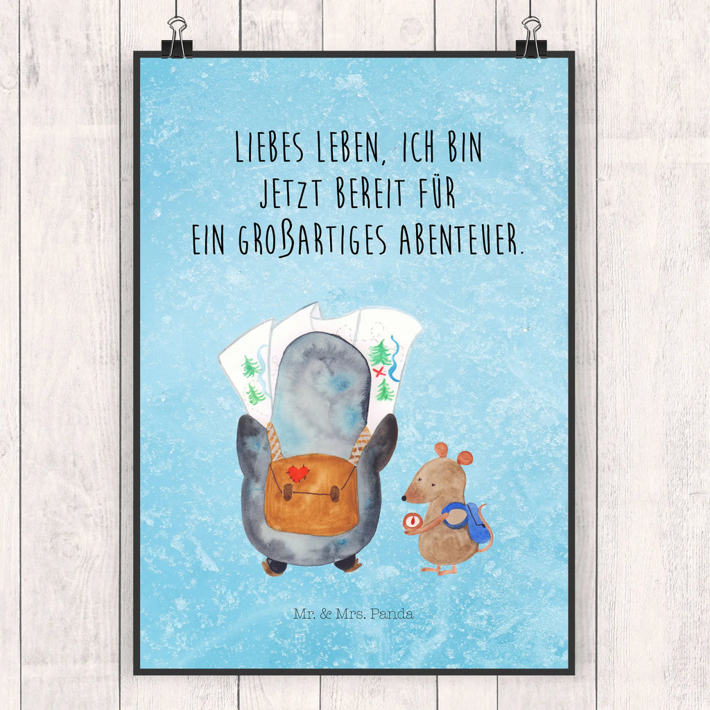 Poster Pinguin & Maus Wanderer Poster, Wandposter, Bild, Wanddeko, Küchenposter, Kinderposter, Wanddeko Bild, Raumdekoration, Wanddekoration, Handgemaltes Poster, Mr. & Mrs. Panda Poster, Designposter, Kunstdruck, Posterdruck, Pinguin, Pinguine, Abenteurer, Abenteuer, Roadtrip, Ausflug, Wanderlust, wandern