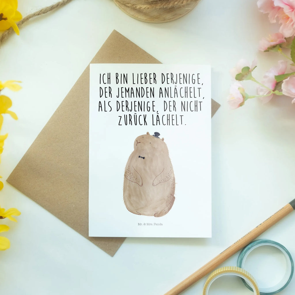 Grußkarte Murmeltier Grußkarte, Klappkarte, Einladungskarte, Glückwunschkarte, Hochzeitskarte, Geburtstagskarte, Karte, Ansichtskarten, Tiermotive, Gute Laune, lustige Sprüche, Tiere, Murmeltier, Knigge, Fröhlichkeit, Freundlichkeit, Respekt, Anstand