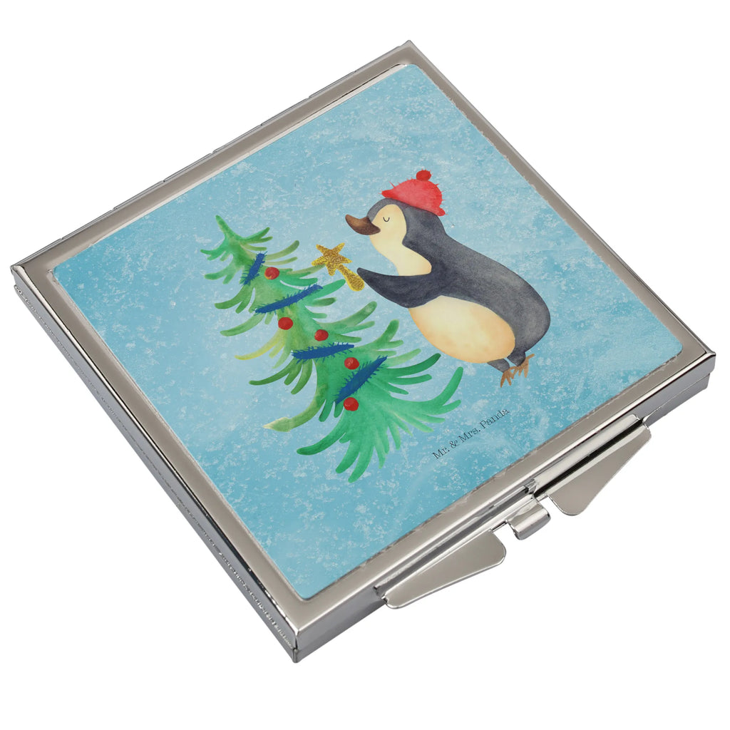 Handtaschenspiegel quadratisch Pinguin Weihnachtsbaum Spiegel, Handtasche, Quadrat, silber, schminken, Schminkspiegel, Winter, Weihnachten, Weihnachtsdeko, Nikolaus, Advent, Heiligabend, Wintermotiv, Pinguin