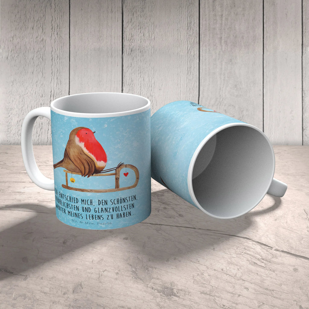 Tasse Rotkehlchen Schlitten Tasse, Kaffeetasse, Teetasse, Becher, Kaffeebecher, Teebecher, Keramiktasse, Porzellantasse, Büro Tasse, Geschenk Tasse, Tasse Sprüche, Tasse Motive, Kaffeetassen, Tasse bedrucken, Designer Tasse, Cappuccino Tassen, Schöne Teetassen, Winter, Weihnachten, Weihnachtsdeko, Nikolaus, Advent, Heiligabend, Wintermotiv, Schlitten, Vogel