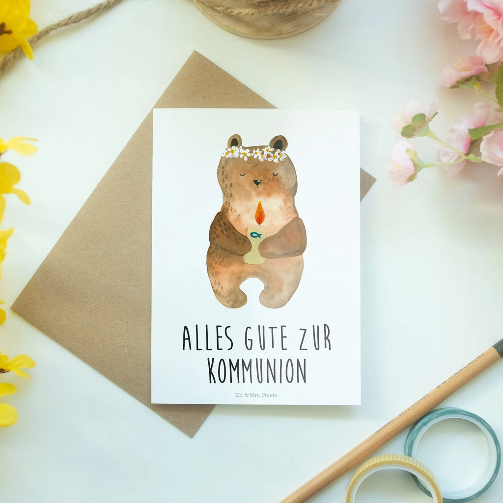 Grußkarte Bär Kommunion Grußkarte, Klappkarte, Einladungskarte, Glückwunschkarte, Hochzeitskarte, Geburtstagskarte, Karte, Ansichtskarten, Bär, Teddy, Teddybär, Kommunion, Gottes Segen, Taufkerze, katholisch