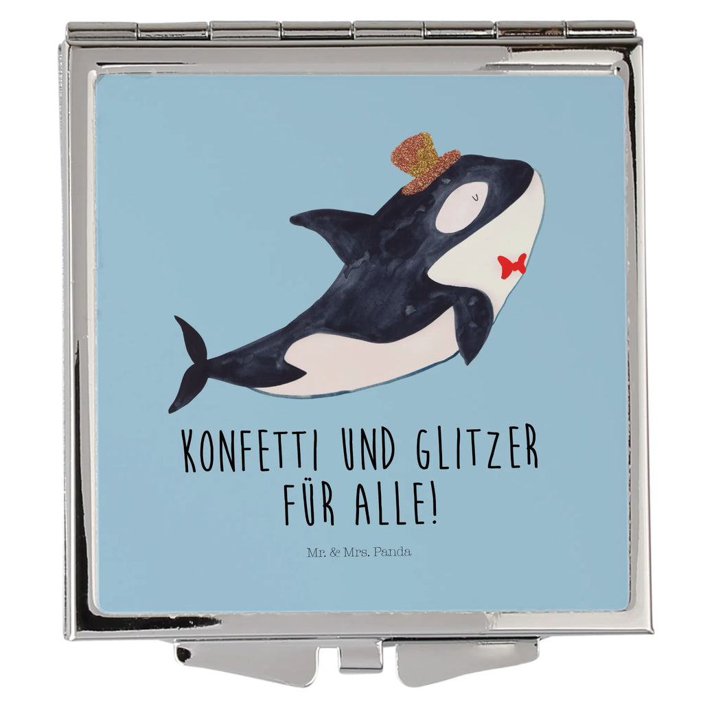 Handtaschenspiegel quadratisch Orca Zylinder Spiegel, Handtasche, Quadrat, silber, schminken, Schminkspiegel, Meerestiere, Meer, Urlaub, Narwal, Glitter, Konfetti, Glitzer, Geburtstag, Feier, Fete, Fest, Glückwunsch, Orca