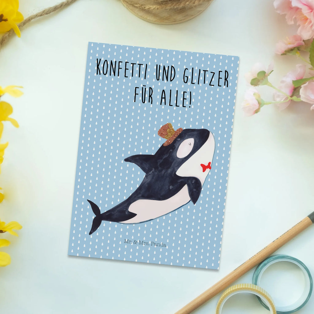 Postkarte Orca Zylinder Postkarte, Karte, Geschenkkarte, Grußkarte, Einladung, Ansichtskarte, Geburtstagskarte, Einladungskarte, Dankeskarte, Ansichtskarten, Einladung Geburtstag, Einladungskarten Geburtstag, Meerestiere, Meer, Urlaub, Narwal, Glitter, Konfetti, Glitzer, Geburtstag, Feier, Fete, Fest, Glückwunsch, Orca