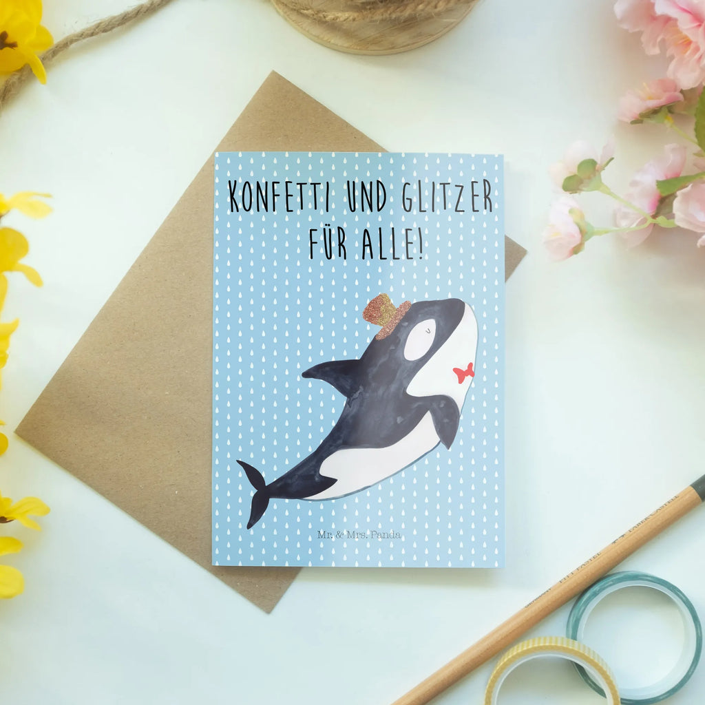 Grußkarte Orca Zylinder Grußkarte, Klappkarte, Einladungskarte, Glückwunschkarte, Hochzeitskarte, Geburtstagskarte, Karte, Ansichtskarten, Meerestiere, Meer, Urlaub, Narwal, Glitter, Konfetti, Glitzer, Geburtstag, Feier, Fete, Fest, Glückwunsch, Orca