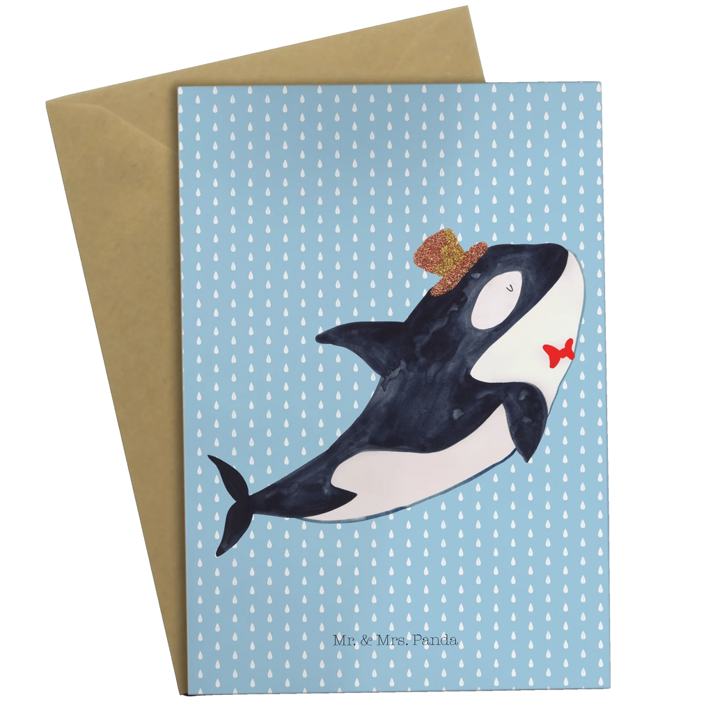 Grußkarte Orca Zylinder Grußkarte, Klappkarte, Einladungskarte, Glückwunschkarte, Hochzeitskarte, Geburtstagskarte, Karte, Ansichtskarten, Meerestiere, Meer, Urlaub, Narwal, Glitter, Konfetti, Glitzer, Geburtstag, Feier, Fete, Fest, Glückwunsch, Orca