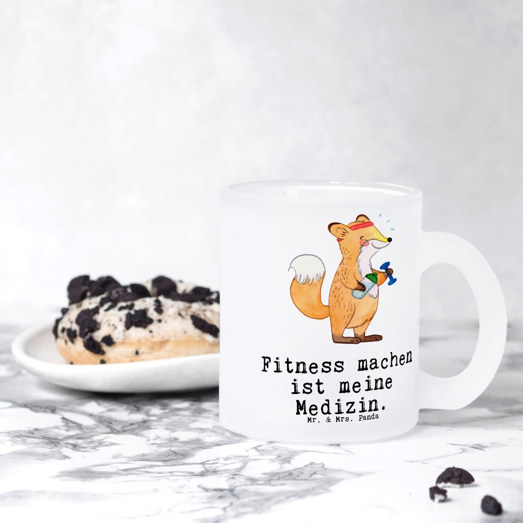 Teetasse Fuchs Fitness Medizin Teetasse, Teeglas, Teebecher, Tasse mit Henkel, Tasse, Glas Teetasse, Teetasse aus Glas, Geschenk, Sport, Sportart, Hobby, Schenken, Danke, Dankeschön, Auszeichnung, Gewinn, Sportler, Fitness, Sport treiben, Fitnessstudio, Sportclub, Kraftsport