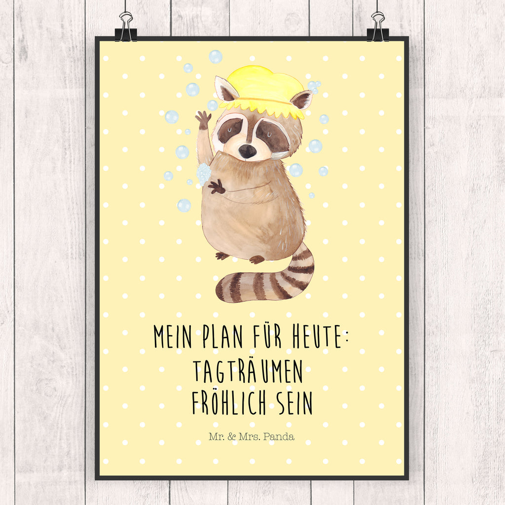 Poster Waschbär Poster, Wandposter, Bild, Wanddeko, Küchenposter, Kinderposter, Wanddeko Bild, Raumdekoration, Wanddekoration, Handgemaltes Poster, Mr. & Mrs. Panda Poster, Designposter, Kunstdruck, Posterdruck, Tiermotive, Gute Laune, lustige Sprüche, Tiere, Waschbär, Tagträumen, Plan, Fröhlich, waschen, Seifenblasen