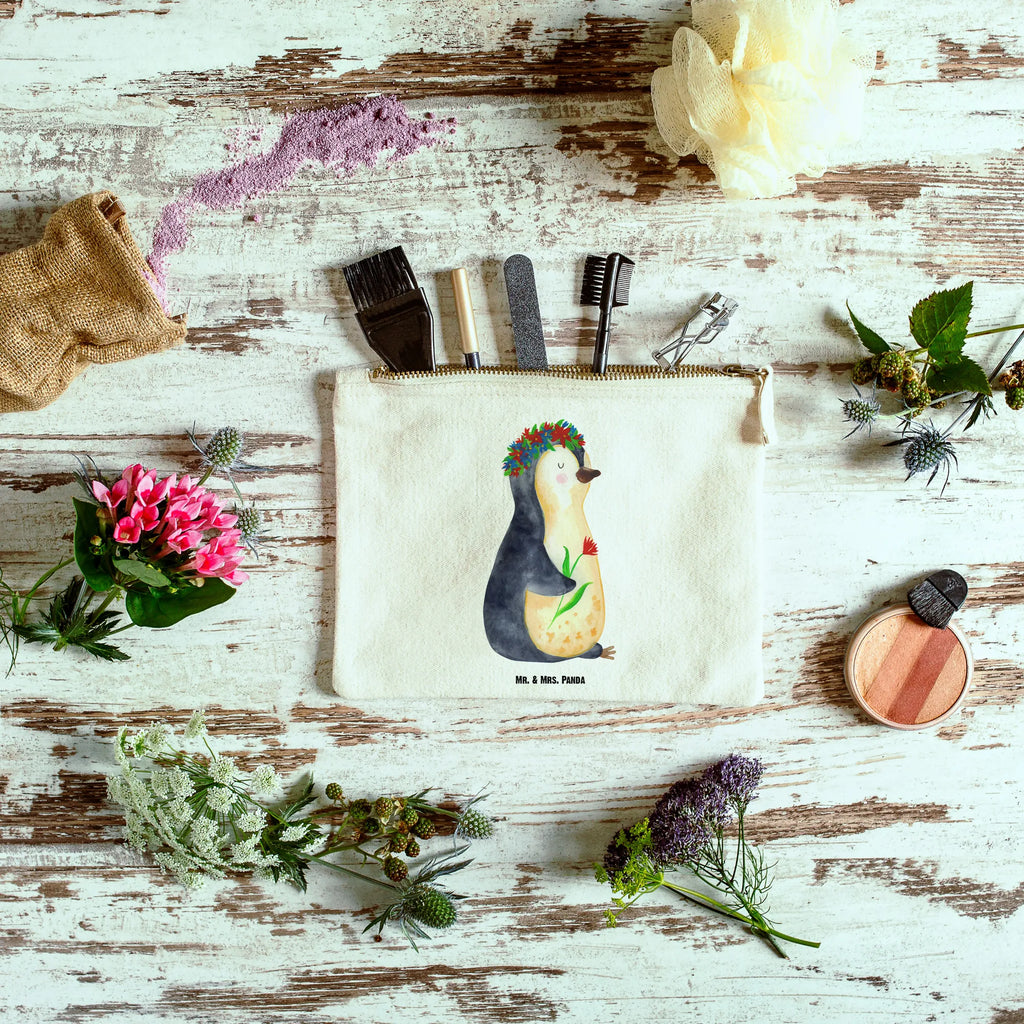 Schminktasche Pinguin Blumen Schminktasche, Kosmetiktasche, Kosmetikbeutel, Stiftemäppchen, Etui, Federmappe, Makeup, XXL, Schminketui, Kosmetiketui, Schlamperetui, Pinguin, Pinguine, Blumenkranz, Universum, Leben, Wünsche, Ziele, Lebensziele, Motivation, Lebenslust, Liebeskummer, Geschenkidee