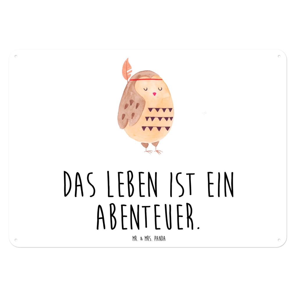 Blechschild Eule Federschmuck Blechschild, Metallschild, Geschenk Schild, Schild, Magnet-Metall-Schild, Deko Schild, Wandschild, Wand-Dekoration, Türschild, Eule, Eule Deko, Owl, Das Leben ist ein Abenteuer, Reisespruch, Federschmuck, Dekoration