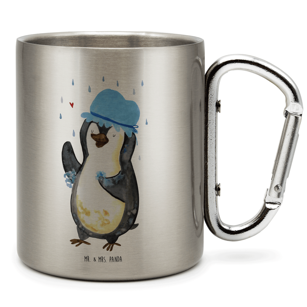 Edelstahlbecher Pinguin duscht Edelstahltasse, Karabiner, Edelstahlbecher, Outdoor, Camping, Tasse, Becher, Pinguin, Pinguine, Dusche, duschen, Lebensmotto, Motivation, Neustart, Neuanfang, glücklich sein