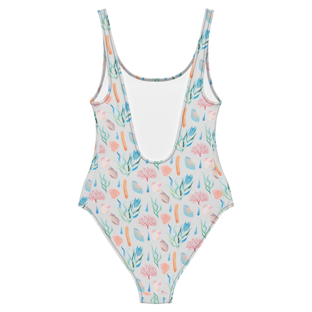 Badeanzug Meeresrauschen Design Badebekleidung, Bademode, Badeanzug, Swimsuit, Rückenfreier Badeanzug, Luxus-Bademode, Strand Motive, Korallen, Meer, Strand, Muscheln, Beach, Muster, maritim