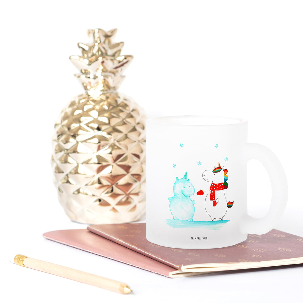 Teetasse Einhorn Schneemann Teetasse, Teeglas, Teebecher, Tasse mit Henkel, Tasse, Glas Teetasse, Teetasse aus Glas, Einhorn, Einhörner, Einhorn Deko, Pegasus, Unicorn, Schneemann, Winter, Schnee, Kuchen, Weihnachten, kalt, Mütze, Handschuhe, X-Mas