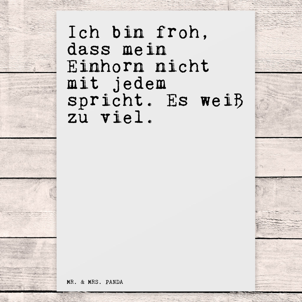 Postkarte Sprüche und Zitate Ich bin froh, dass mein Einhorn nicht mit jedem spricht. Es weiß zu viel. Postkarte, Karte, Geschenkkarte, Grußkarte, Einladung, Ansichtskarte, Geburtstagskarte, Einladungskarte, Dankeskarte, Ansichtskarten, Einladung Geburtstag, Einladungskarten Geburtstag, Spruch, Sprüche, lustige Sprüche, Weisheiten, Zitate, Spruch Geschenke, Spruch Sprüche Weisheiten Zitate Lustig Weisheit Worte