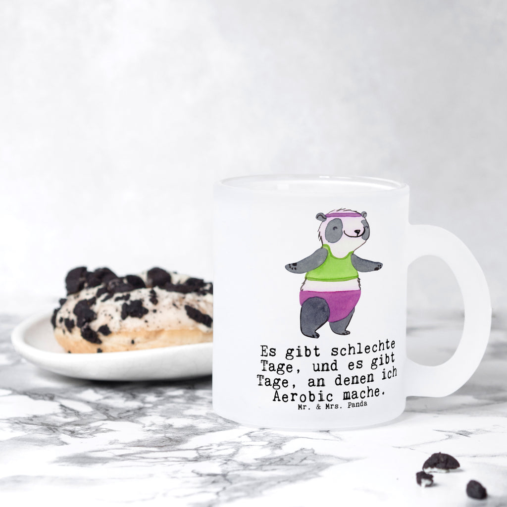 Teetasse Panda Aerobic Teetasse, Teeglas, Teebecher, Tasse mit Henkel, Tasse, Glas Teetasse, Teetasse aus Glas, Geschenk, Sport, Sportart, Hobby, Schenken, Danke, Dankeschön, Auszeichnung, Gewinn, Sportler, Aerobic, Aerobic Fitness, Fitnessstudio