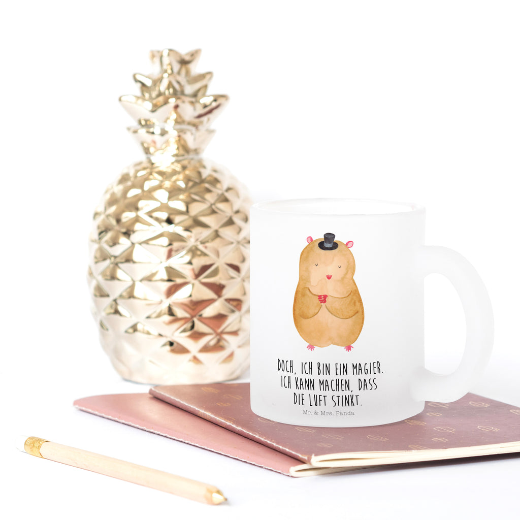 Teetasse Hamster mit Hut Teetasse, Teeglas, Teebecher, Tasse mit Henkel, Tasse, Glas Teetasse, Teetasse aus Glas, Tiermotive, Gute Laune, lustige Sprüche, Tiere, Hamster, Hut, Magier, Zylinder, Zwerghamster, Zauberer