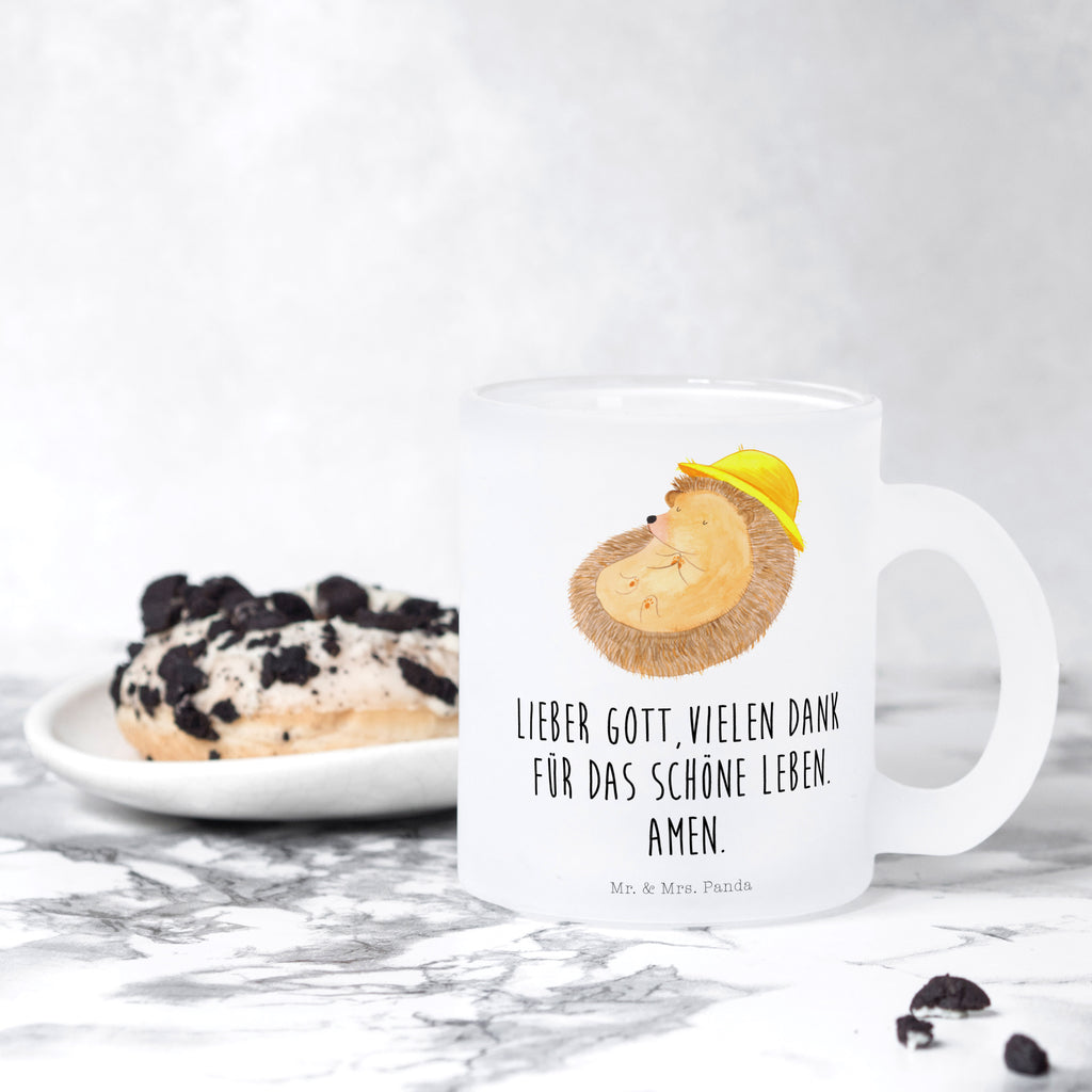 Teetasse Igel betet Teetasse, Teeglas, Teebecher, Tasse mit Henkel, Tasse, Glas Teetasse, Teetasse aus Glas, Tiermotive, Gute Laune, lustige Sprüche, Tiere, Igel, Igel mit Hut, Sonnenhut, Gott, Amen, beten, Leben, Dankbarkeit, Dankbar sein, dankbar, genießen